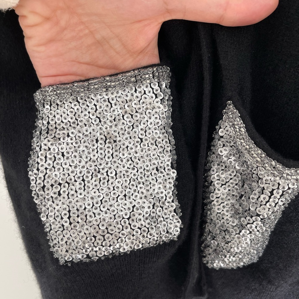 Aqua Black Cashmere Cardigan w/ Sequined Pockets (Great for the Holidays) - Picture 2 of 5